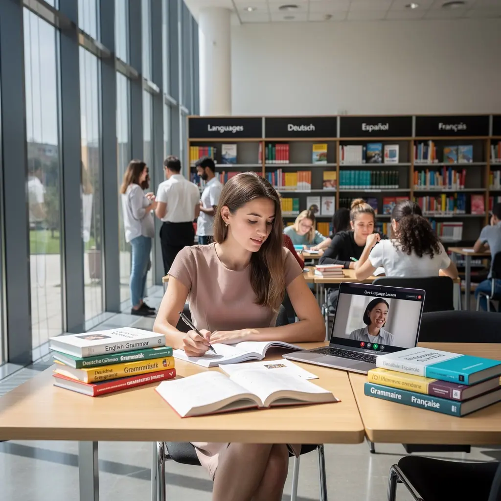 Nyelvtanár, aki német nyelvleckét tart egy csoportnak.