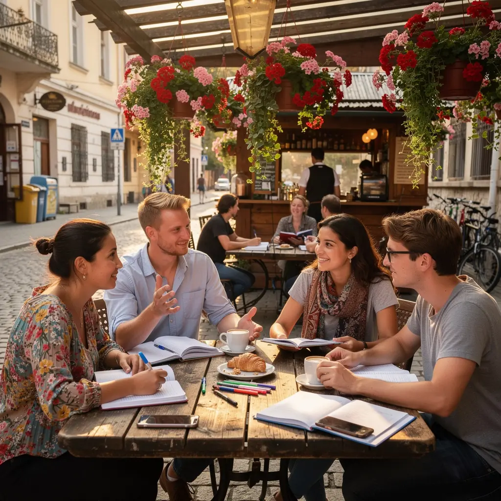 Nyelvi órákon részt vevő diákok, akik angolul tanulnak.