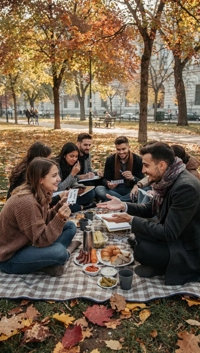 Német nyelvű tanfolyam, ahol a tanár és a diákok aktívan részt vesznek a beszélgetésben.