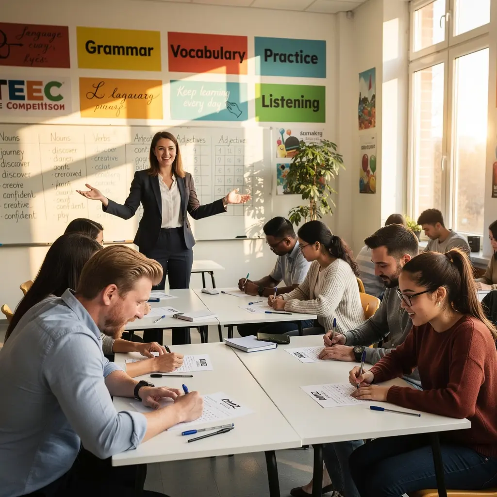 Német nyelvű tanfolyam, ahol a tanár és a diákok aktívan részt vesznek a beszélgetésben.