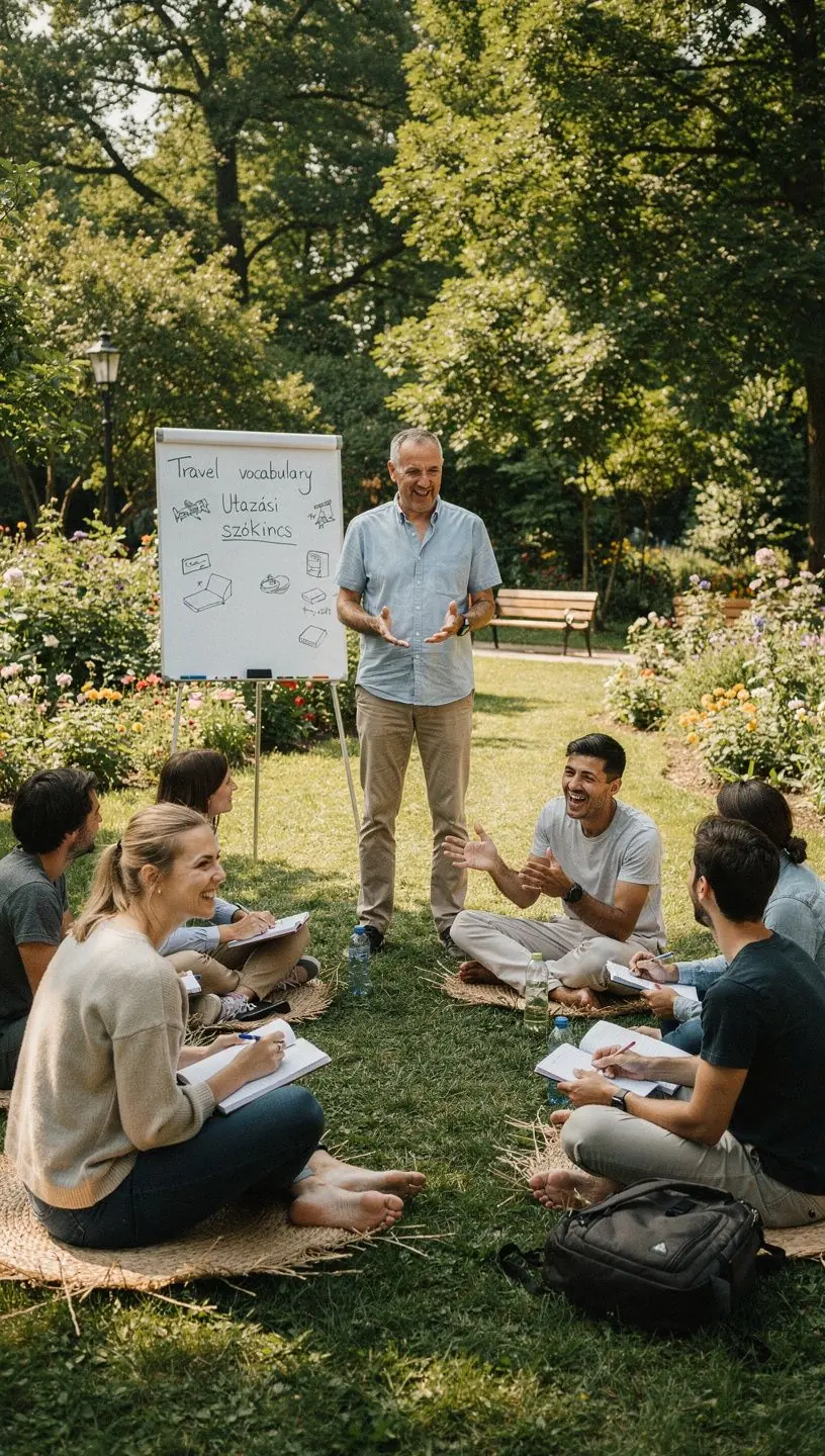 Német nyelvű tanfolyam, ahol a tanár és a diákok aktívan részt vesznek a beszélgetésben.