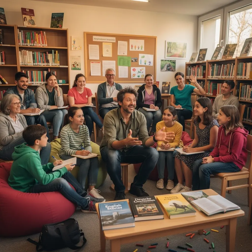 Nyelviskola diákjai angol órán, interaktív tanulási folyamatban.