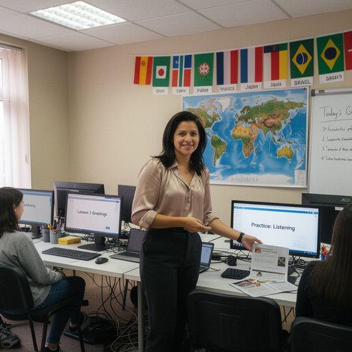 Tanulók, akik különböző nyelveken beszélgetnek egy tanteremben.