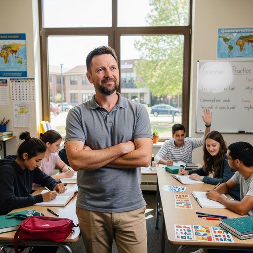 Online nyelvoktatás képernyője, ahol diákok és tanárok kommunikálnak.